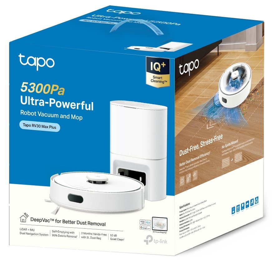 TP-LINK Tapo RV30 Max Plus Robotický vysavač a mop + chytrá nabíjecí stanice s automatickým vyprazdňováním, bílá barva
