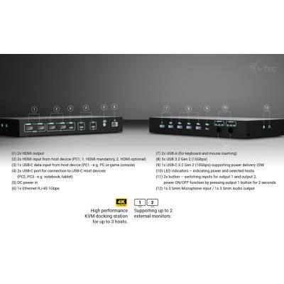 i-tec dokovací stanice USB-C KVM Docking station for 3 Hosts, Dual Display, Power Delivery 1x 92W/2x 65W