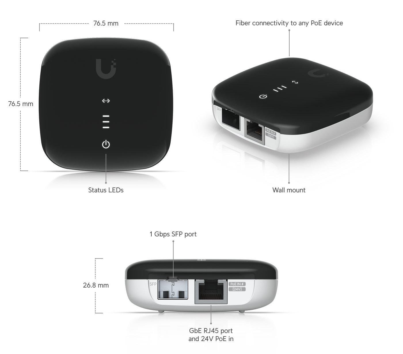 Ubiquiti Media Converter - Konvertor optika na ethernet, 1x SFP, 1x GbE, PoE 802.3af/ pasivní PoE 24V
