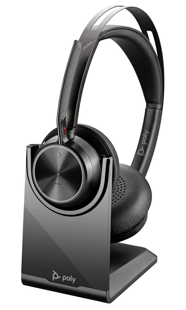 Poly by HP Voyager Focus 2 MS Teams bezdrátová náhlavní souprava, nabíjecí stojánek