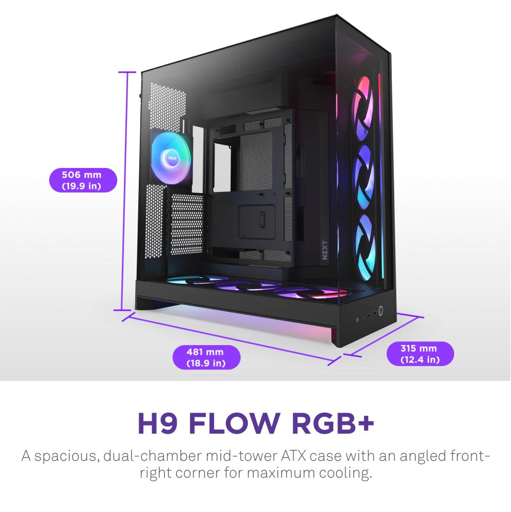 NZXT skříň H9 Flow RGB+ dvoukomorová ATX / 2x140 mm RGB fan / 1x120 RGB fan / prosklená / controller / černá