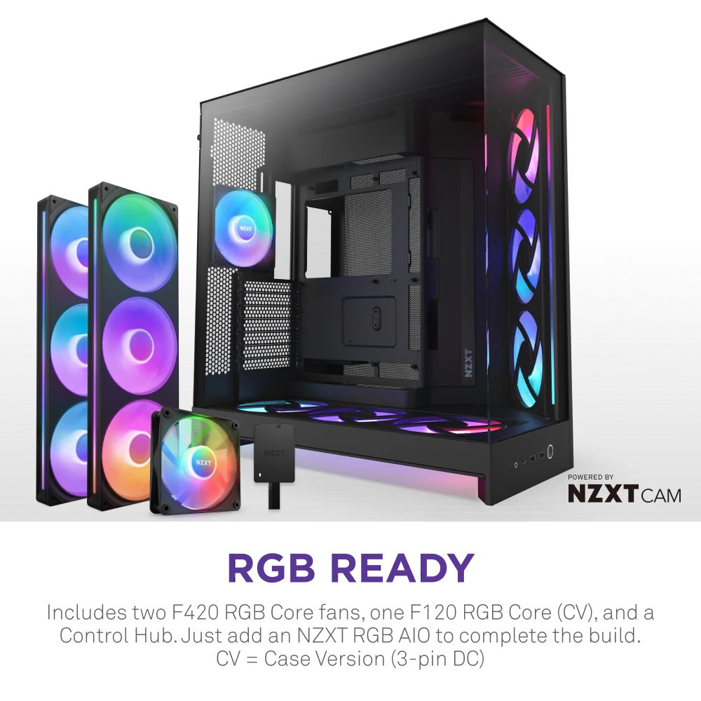 NZXT skříň H9 Flow RGB+ dvoukomorová ATX / 2x140 mm RGB fan / 1x120 RGB fan / prosklená / controller / černá