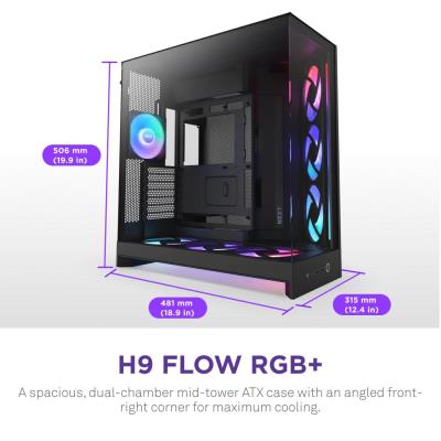 NZXT skříň H9 Flow RGB+ dvoukomorová ATX / 2x140 mm RGB fan / 1x120 RGB fan / prosklená / controller / černá