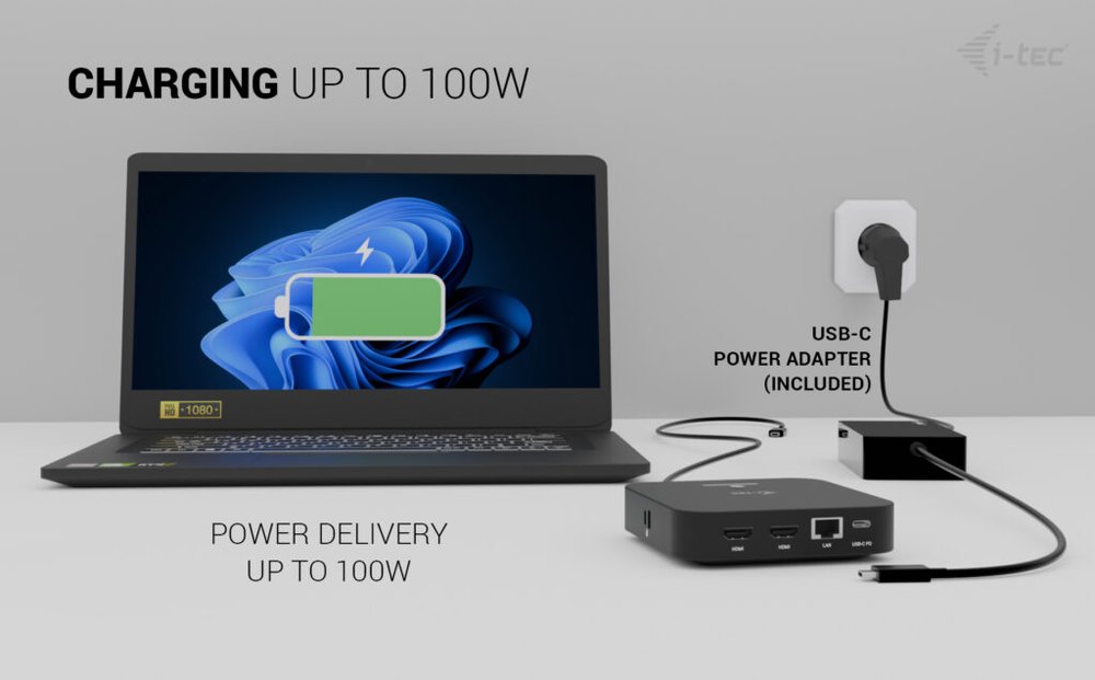 i-tec dokovací stanice USB-C Dual HDMI Docking Station with Power Delivery 100W + univerzální nabíječka 100W
