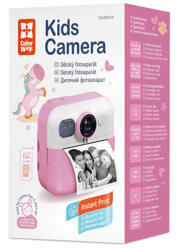 COLORWAY dětský fotoaparát a kamera s tiskárnou CW-PHP01P/ 2,4" IPS/ 1500mAh/ USB-C/ Android/ iOS/ růžová