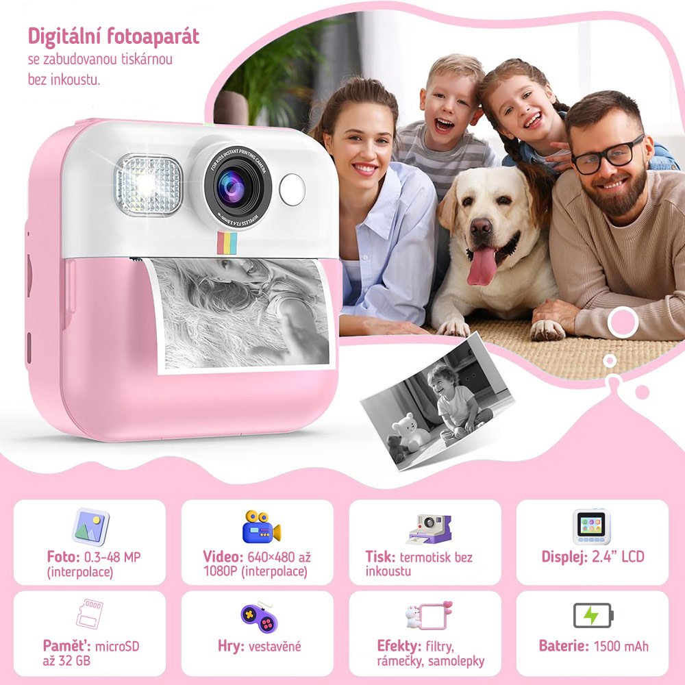 COLORWAY dětský fotoaparát a kamera s tiskárnou CW-PHP01P/ 2,4" IPS/ 1500mAh/ USB-C/ Android/ iOS/ růžová