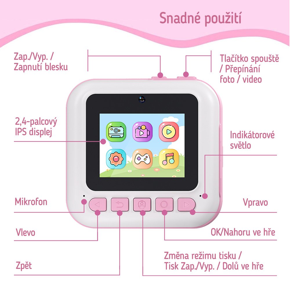 COLORWAY dětský fotoaparát a kamera s tiskárnou CW-PHP01P/ 2,4" IPS/ 1500mAh/ USB-C/ Android/ iOS/ růžová