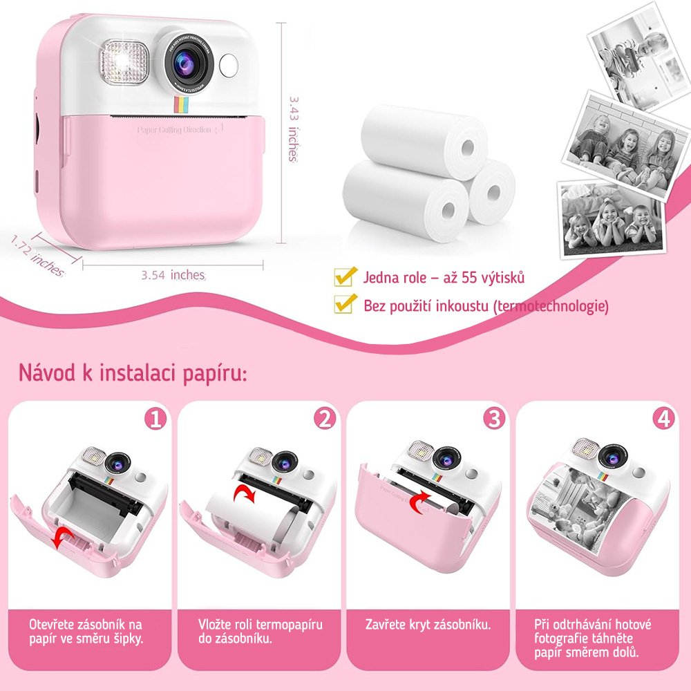 COLORWAY dětský fotoaparát a kamera s tiskárnou CW-PHP01P/ 2,4" IPS/ 1500mAh/ USB-C/ Android/ iOS/ růžová