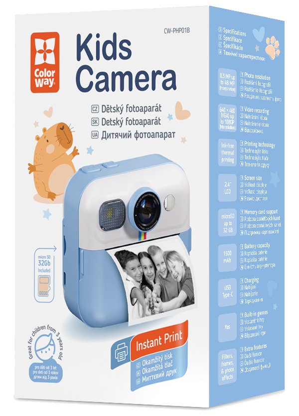COLORWAY dětský fotoaparát a kamera s tiskárnou CW-PHP01B/ 2,4" IPS/ 1500mAh/ USB-C/ Android/ iOS/ modrá