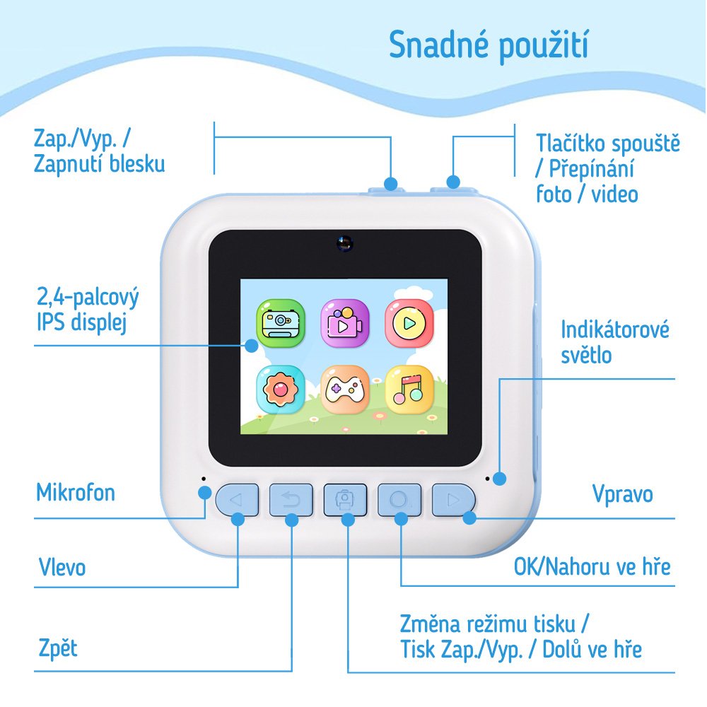 COLORWAY dětský fotoaparát a kamera s tiskárnou CW-PHP01B/ 2,4" IPS/ 1500mAh/ USB-C/ Android/ iOS/ modrá