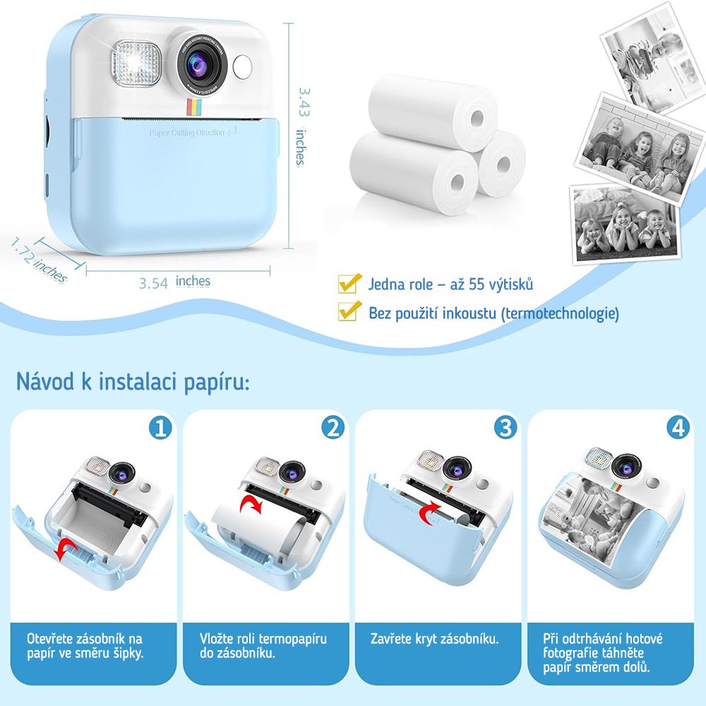 COLORWAY dětský fotoaparát a kamera s tiskárnou CW-PHP01B/ 2,4" IPS/ 1500mAh/ USB-C/ Android/ iOS/ modrá