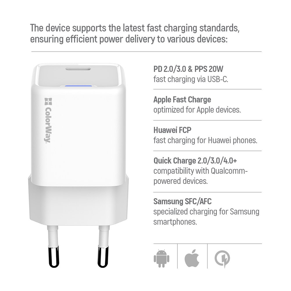 COLORWAY 1x USB-C/ síťová nabíječka/ GaN/ PD/ PPS/ 20W/ Bílá