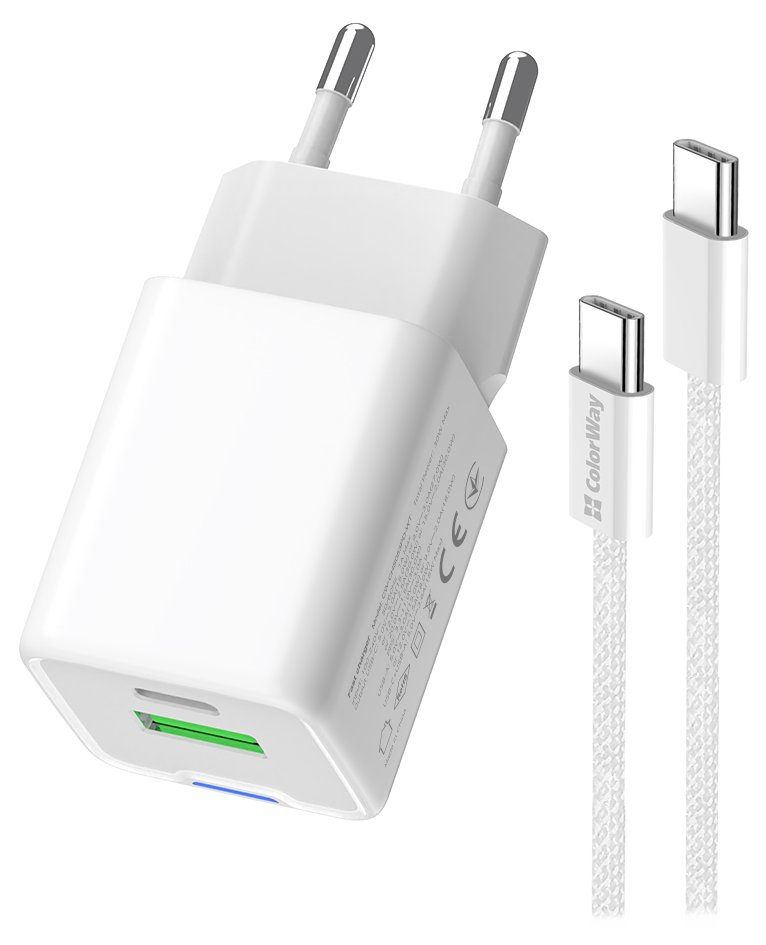 COLORWAY 1x USB-C/ 1x USB-A/ síťová nabíječka/ GaN/ PD/ PPS/ 20W/ Bílá + 1x USB-C kabel