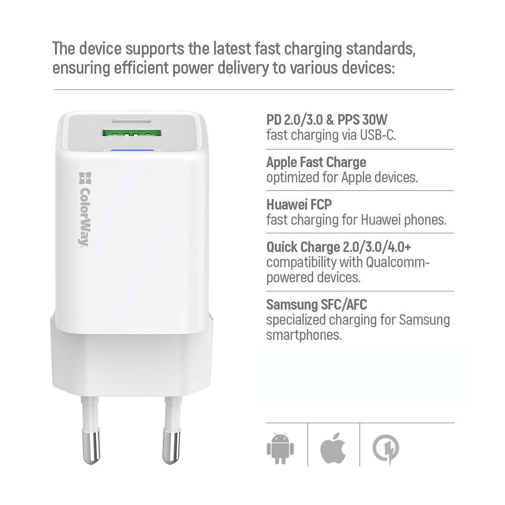 COLORWAY 1x USB-C/ 1x USB-A/ síťová nabíječka/ GaN/ PD/ PPS/ 20W/ Bílá + 1x USB-C kabel