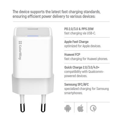COLORWAY 1x USB-C/ síťová nabíječka/ GaN/ PD/ PPS/ 20W/ Bílá