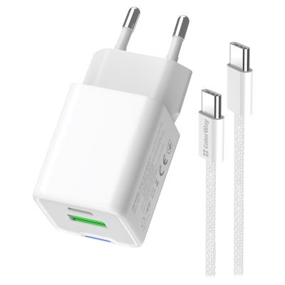 COLORWAY 1x USB-C/ 1x USB-A/ síťová nabíječka/ GaN/ PD/ PPS/ 20W/ Bílá + 1x USB-C kabel