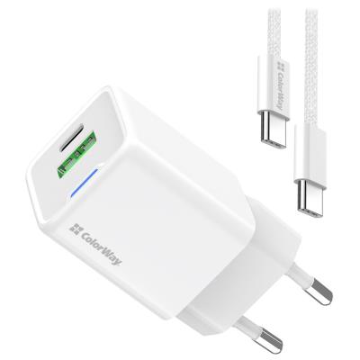 COLORWAY 1x USB-C/ 1x USB-A/ síťová nabíječka/ GaN/ PD/ PPS/ 20W/ Bílá + 1x USB-C kabel