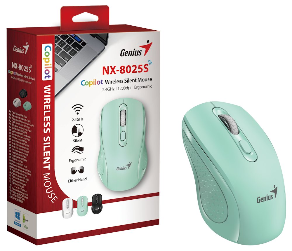 GENIUS NX-8025S Aquamarine/ 1200 dpi/ bezdrátová/ tichá/ Copilot/ 4tlačítková/ zelená