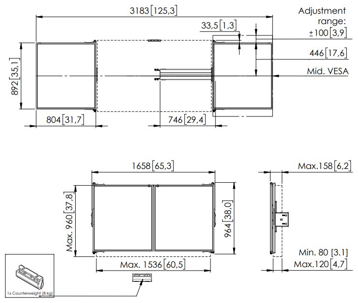 Vogels Postranní tabule 65" pro lifty RISE 5xxx, bílá keramika pro psaní fixem, magnetický zámek