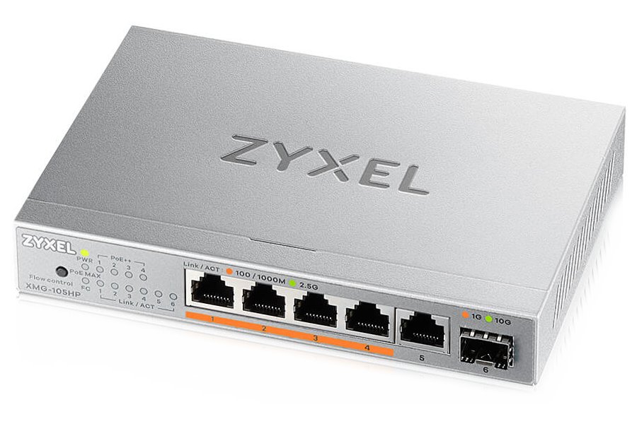 Zyxel XMG-105HP 5 Ports 2,5G + 1 SFP+, 4 ports 70W total PoE++ Desktop MultiGig unmanaged Switch