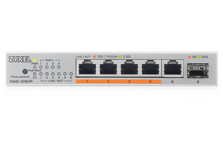 Zyxel XMG-105HP 5 Ports 2,5G + 1 SFP+, 4 ports 70W total PoE++ Desktop MultiGig unmanaged Switch
