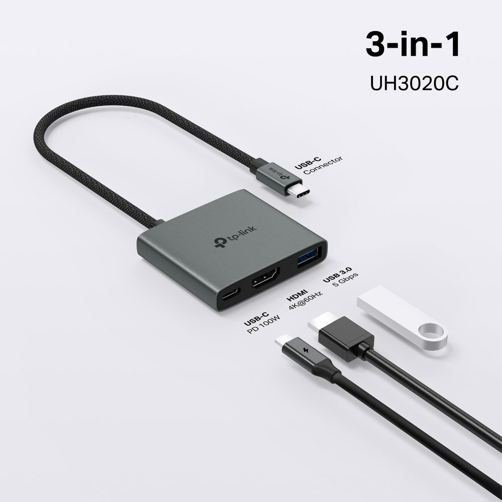 TP-Link UH3020C Dokovací stanice 1x USB-C na 3 porty s HDMI 4K při 60Hz, 100W PD, 1× USB-A