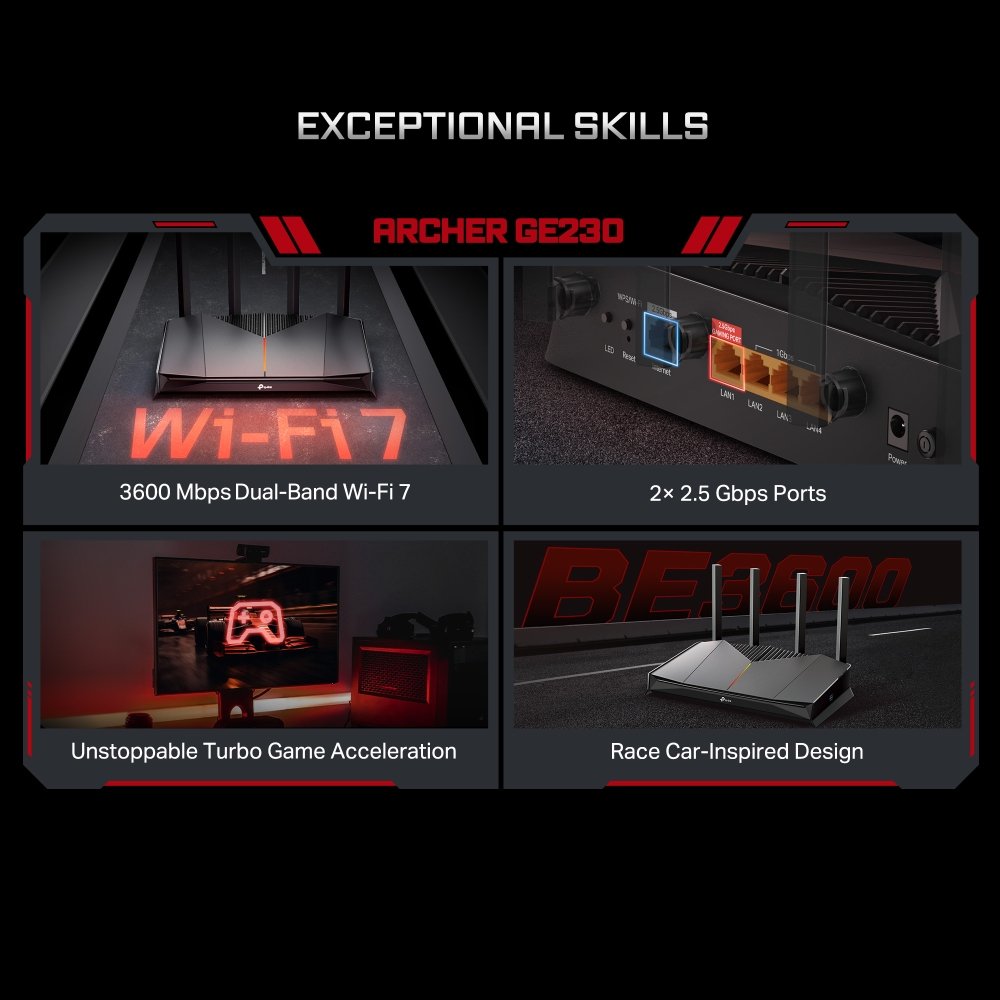 TP-Link Archer GE230 BE3600 Herní router, 2x 2,5G WAN/LAN, 3x GLAN, USB 3.0, EasyMesh