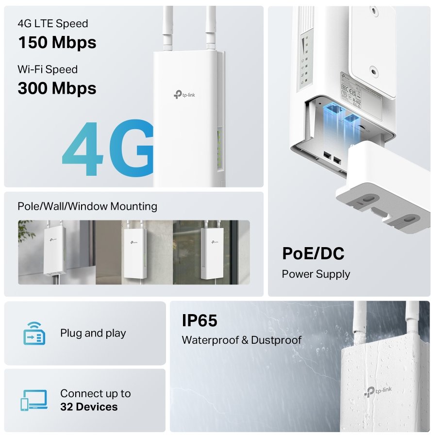 TP-Link TL-MR100-Outdoor, 4G LTE venkovní router, 2.4GHz, 300Mbps, vestavěný slot pro SIM