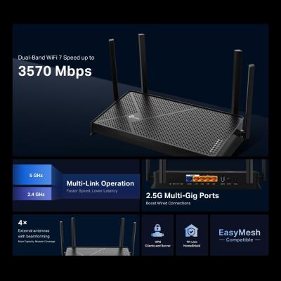 TP-Link Archer BE230 BE3600 WiFi 7 router, 1x GWAN, 4x GLAN, EasyMesh