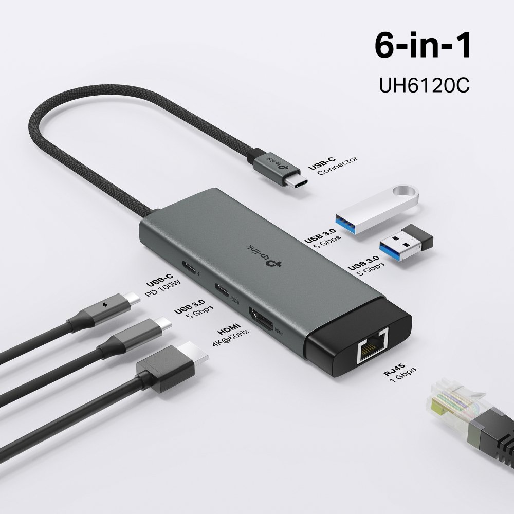 TP-Link UH6120C USB-C Hub na 1x USB-C, 1x HDMI 4K při 60Hz, 1x USB-C 100W PD, 2× USB-A, 1x GLAN