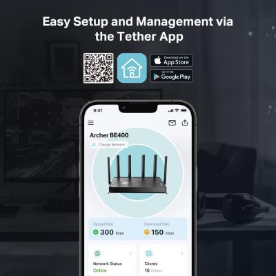 TP-Link Archer BE400 BE6500 WiFi 7 router, 2x 2,5GWAN/LAN, 3x GLAN, USB 3.0, EasyMesh
