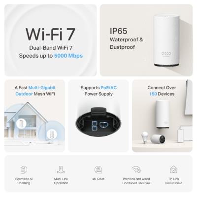 TP-Link Deco BE25 venkovní Mesh systém BE3600, WiFi 7, 688MBps na 2,4GHz, 2882 Mbps na 5GHz, 2x 2,5GLAN, 1ks v balení