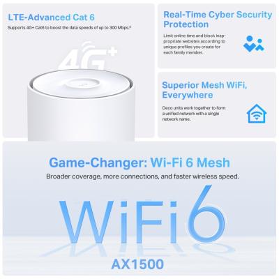 TP-Link Deco X10-4G AX1500 LTE Home Mesh Wi-Fi 6 jednotka, 300 Mbps 2.4GHz + 1201 Mbps 5GHz, 3x GLAN, SIM slot