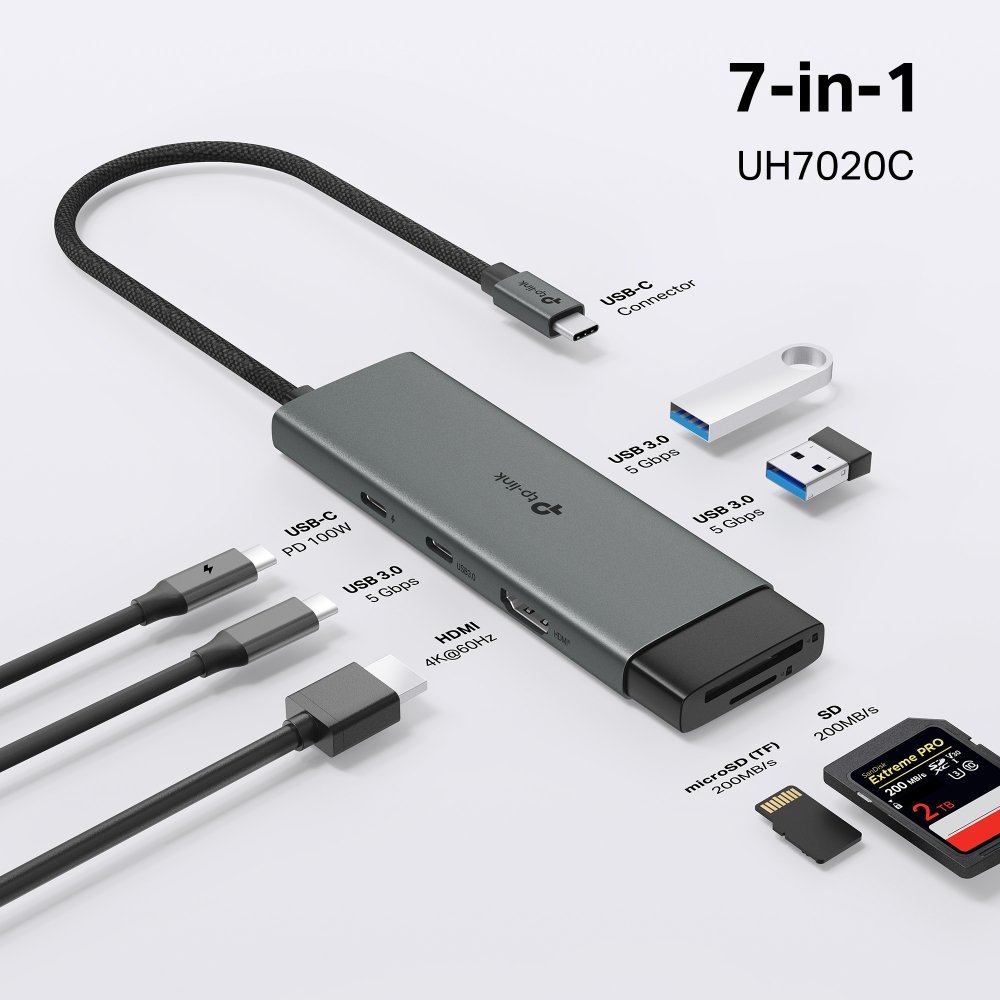 TP-Link UH7020C USB-C Hub na 1x USB-C, 1x HDMI 4K při 60Hz, 1x USB-C 100W PD, 2× USB-A, SD
