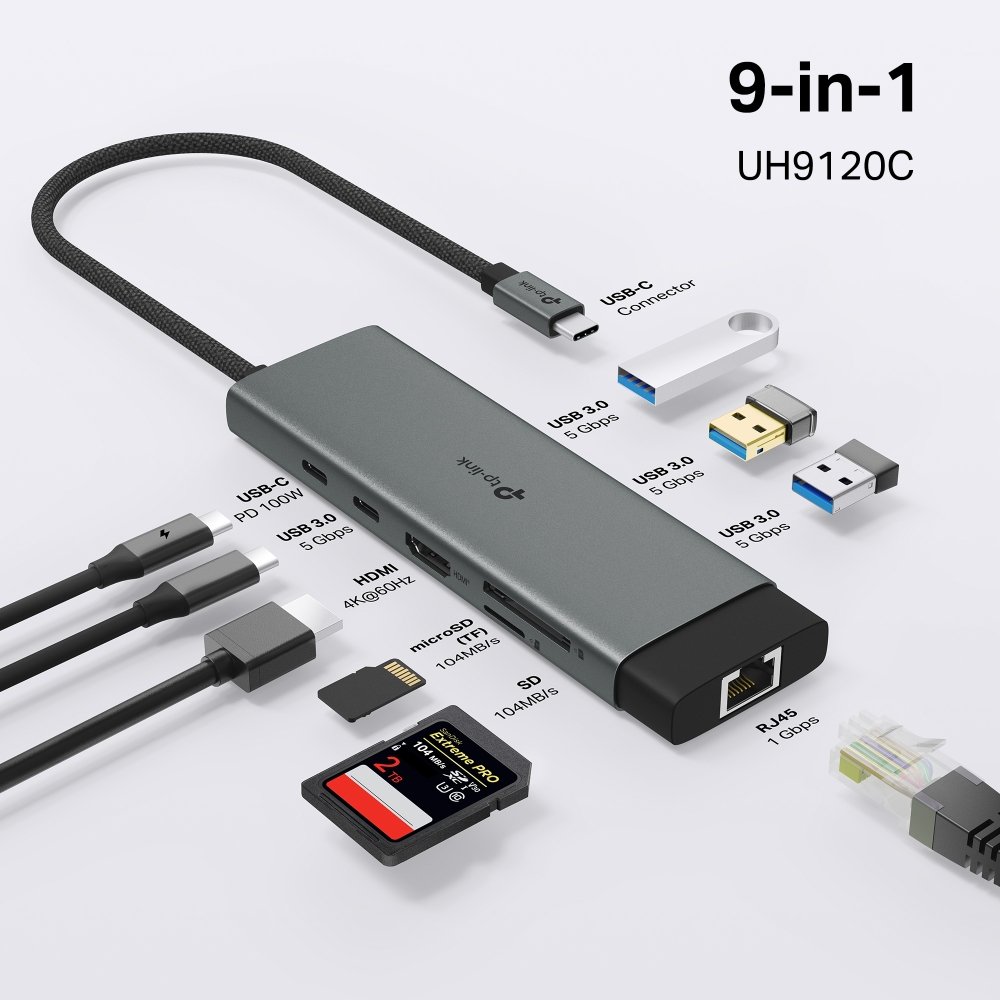 TP-Link UH9120C USB-C Hub na 1x USB-C, 1x HDMI 4K při 60Hz, 1x USB-C 100W PD, 3× USB-A, 1x GLAN, 1x SD