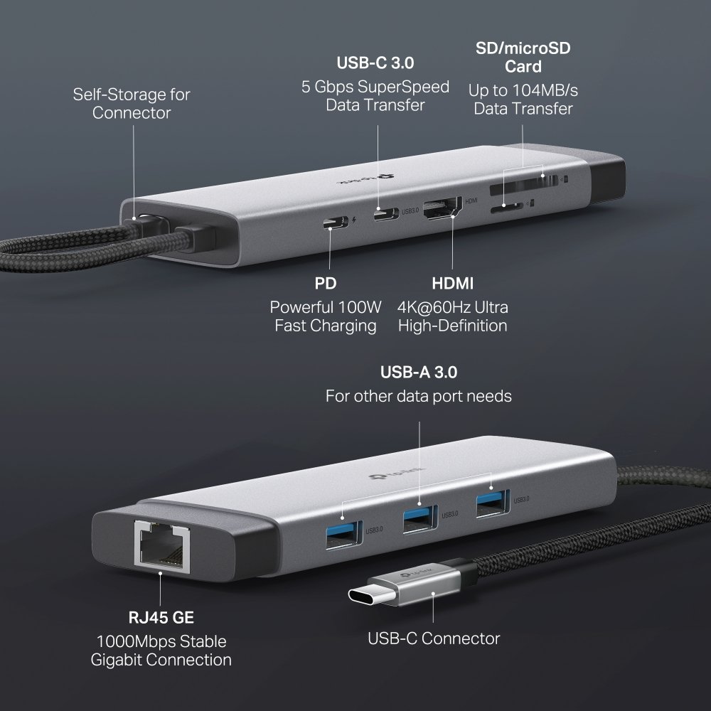 TP-Link UH9120C USB-C Hub na 1x USB-C, 1x HDMI 4K při 60Hz, 1x USB-C 100W PD, 3× USB-A, 1x GLAN, 1x SD
