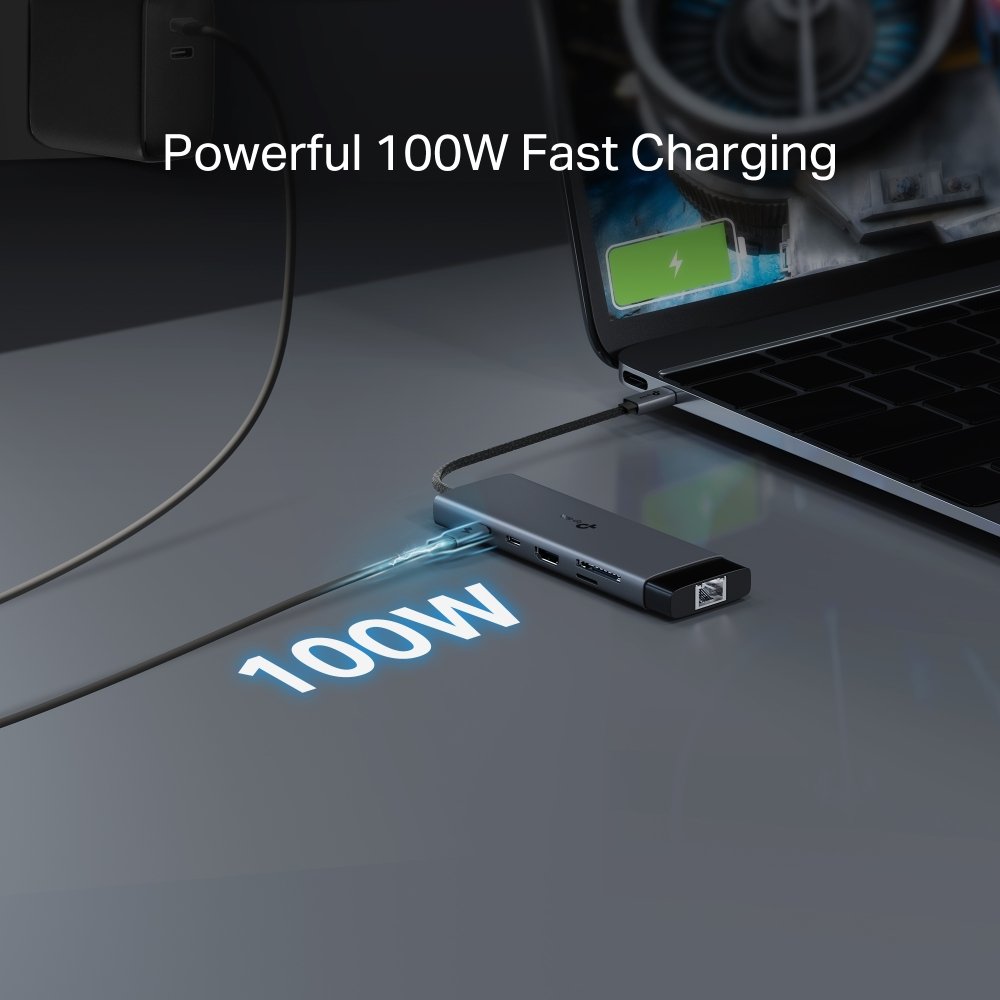 TP-Link UH9120C USB-C Hub na 1x USB-C, 1x HDMI 4K při 60Hz, 1x USB-C 100W PD, 3× USB-A, 1x GLAN, 1x SD