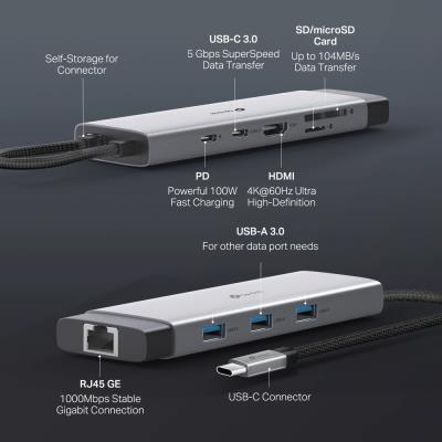 TP-Link UH9120C USB-C Hub na 1x USB-C, 1x HDMI 4K při 60Hz, 1x USB-C 100W PD, 3× USB-A, 1x GLAN, 1x SD