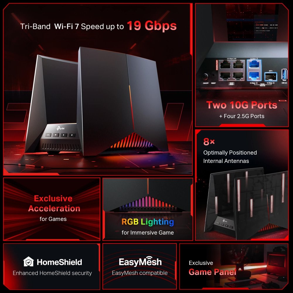 TP-Link Archer GE800 BE19000 WiFi 7 Herní router, 2x 10Gbit WAN/LAN RJ45/SFP+ Combo, 4x 2,5GLAN, USB 3.0, EasyMesh