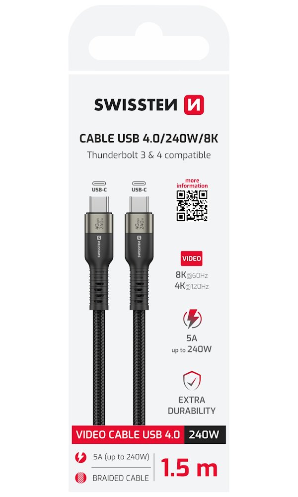 Swissten datový video kabel USB 4.0, USB-C, 240w, 8k@60hz, 40 gb/s, TB3 & TB4, 1,5 m černý