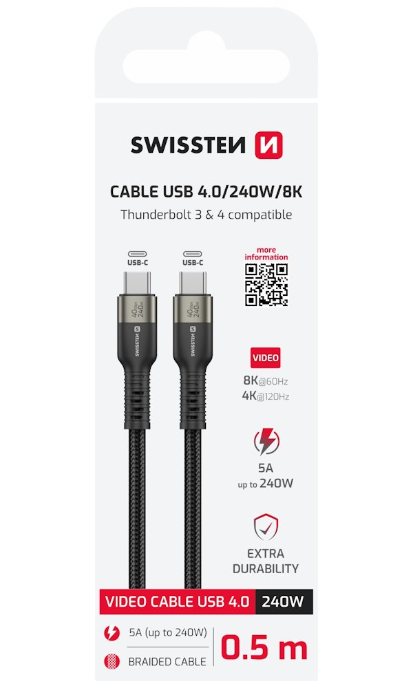 Swissten datový video kabel USB 4.0, USB-C, 240w, 8k@60hz, 40 gb/s, TB3 & TB4, 0,5 m černý