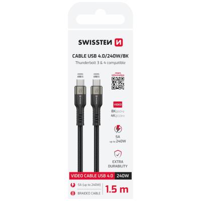 Swissten datový video kabel USB 4.0, USB-C, 240w, 8k@60hz, 40 gb/s, TB3 & TB4, 1,5 m černý