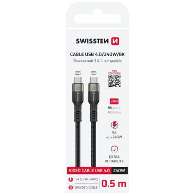 Swissten datový video kabel USB 4.0, USB-C, 240w, 8k@60hz, 40 gb/s, TB3 & TB4, 0,5 m černý