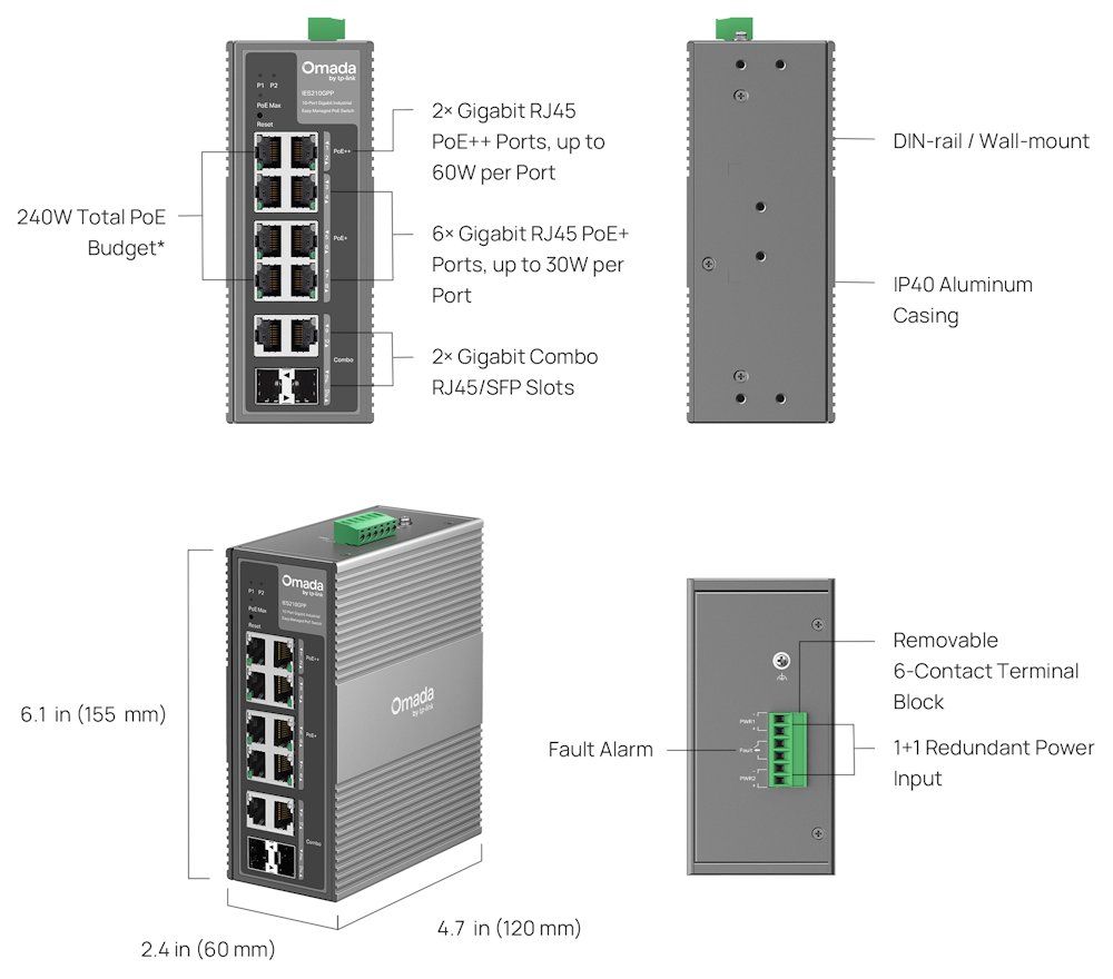 TP-Link IES210GPP - 10-portový Omada Industry PoE Switch, 2x GLAN PoE++, 6x GLAN PoE+, 2x GLAN, 2x Combo Gigabit SFP