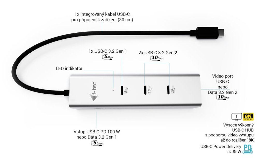 i-tec USB-C Charging Metal HUB 5port with USB-C video 8K, Power Delivery 85W