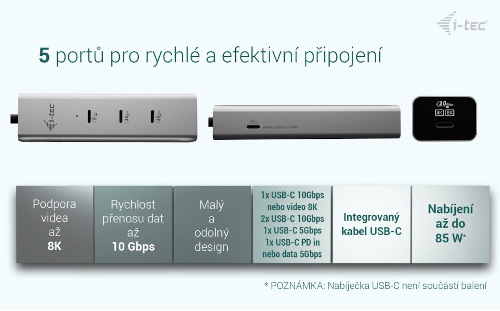 i-tec USB-C Charging Metal HUB 5port with USB-C video 8K, Power Delivery 85W