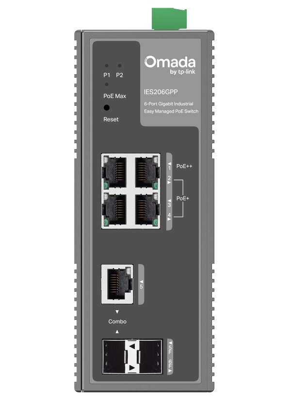 TP-Link IES206GPP - 6-portový Omada Industry PoE Switch, 1x GLAN PoE++, 3x GLAN PoE+, 1x SFP, 1x Combo Gigabit SFP