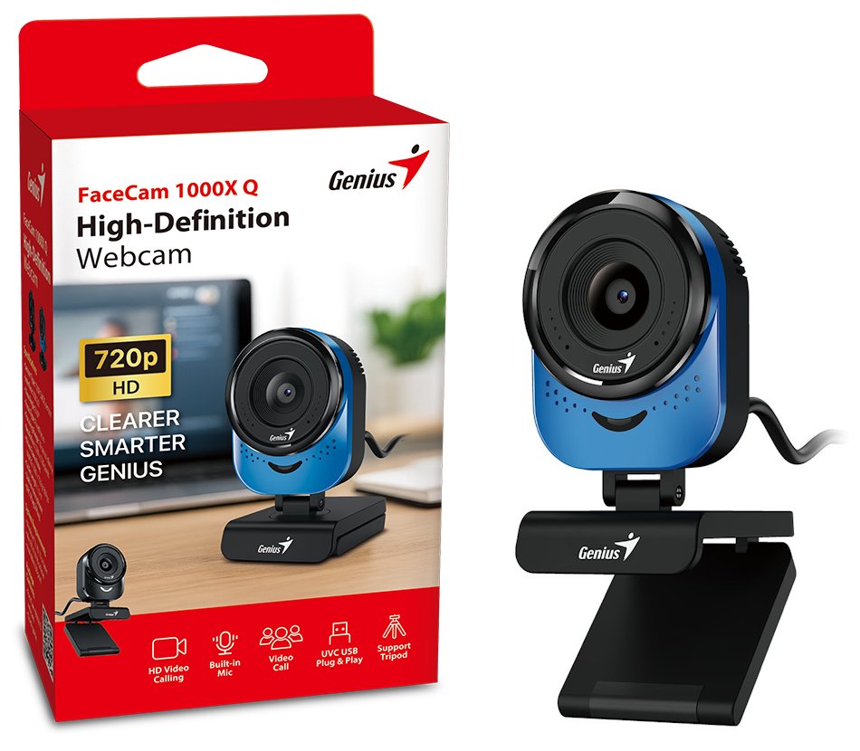 GENIUS FaceCam 1000X Q Blue/ 720p HD/ 360° rotace/ 90° náklon/ USB 2.0/ UVC/ mikrofon/ modrá