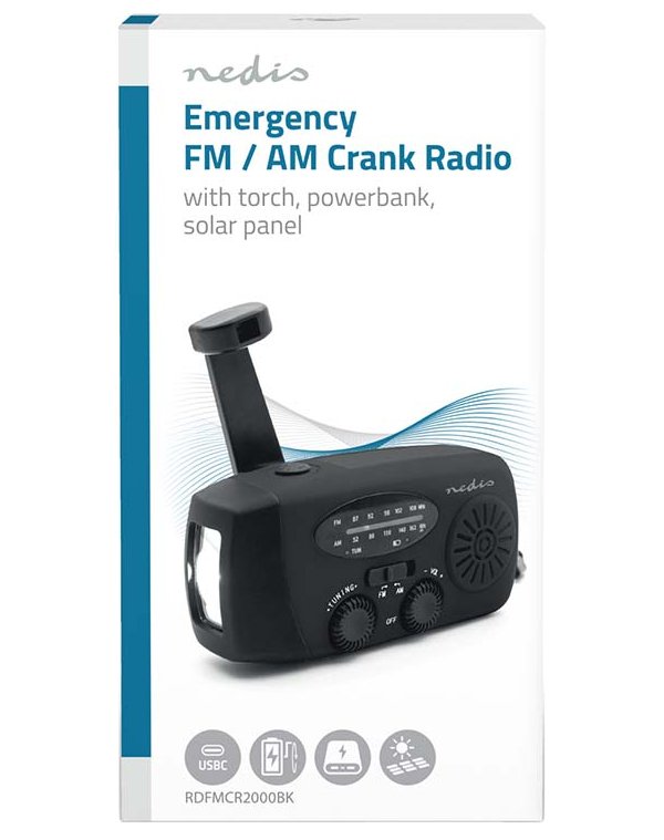 NEDIS přenosné nouzové rádio/ napájení z USB/ baterie 2000mAh/ AM/ FM/ funkce powerbanky/ USB-C/ černé