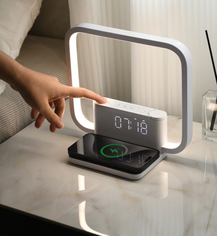 IMMAX LED stolní lampička CRANE/ Qi nabíjení/ 18W/ budík/ 12V/1,5A/ 200lm/ bílá